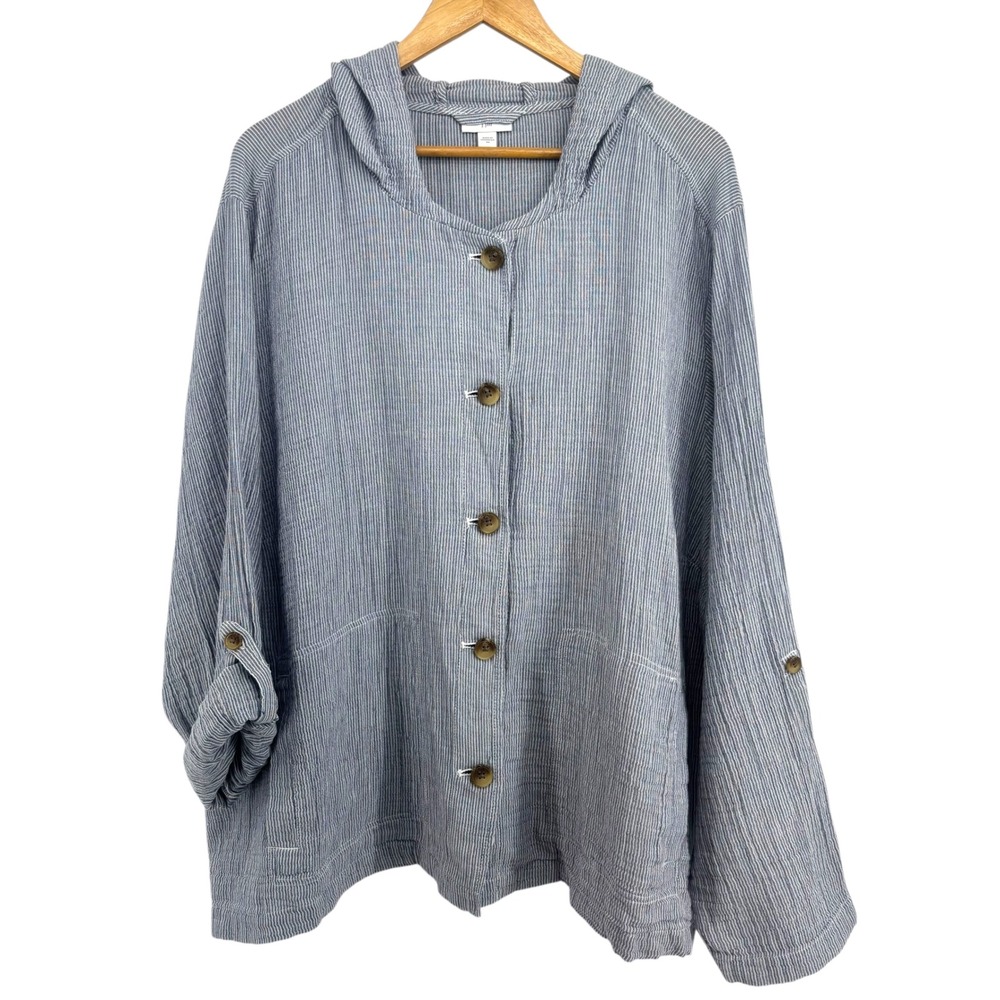 J. Jill Plus Size 4X Cotton Gauze Hooded Shirt Jacket Roll Tab Blue White Stripe